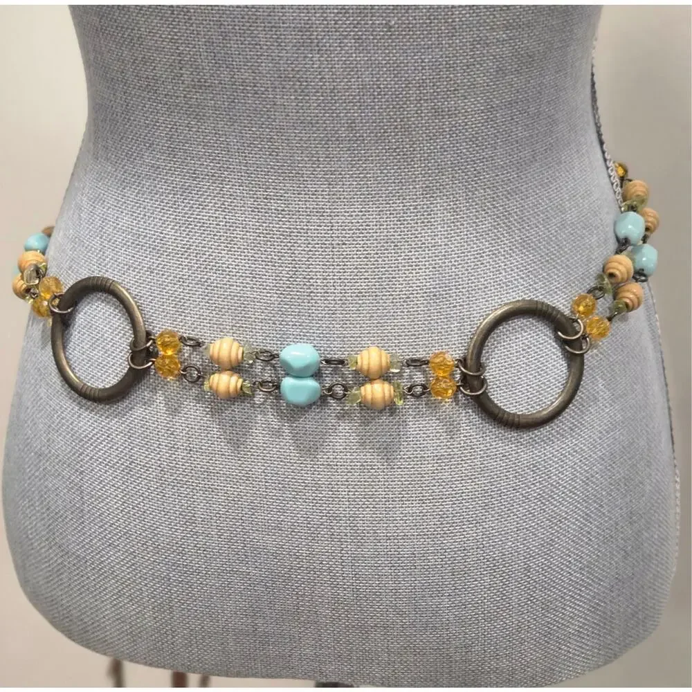 Boho Beaded Chain Belt Leather Fringe Turquoise Wood Beads Antique Gold Western